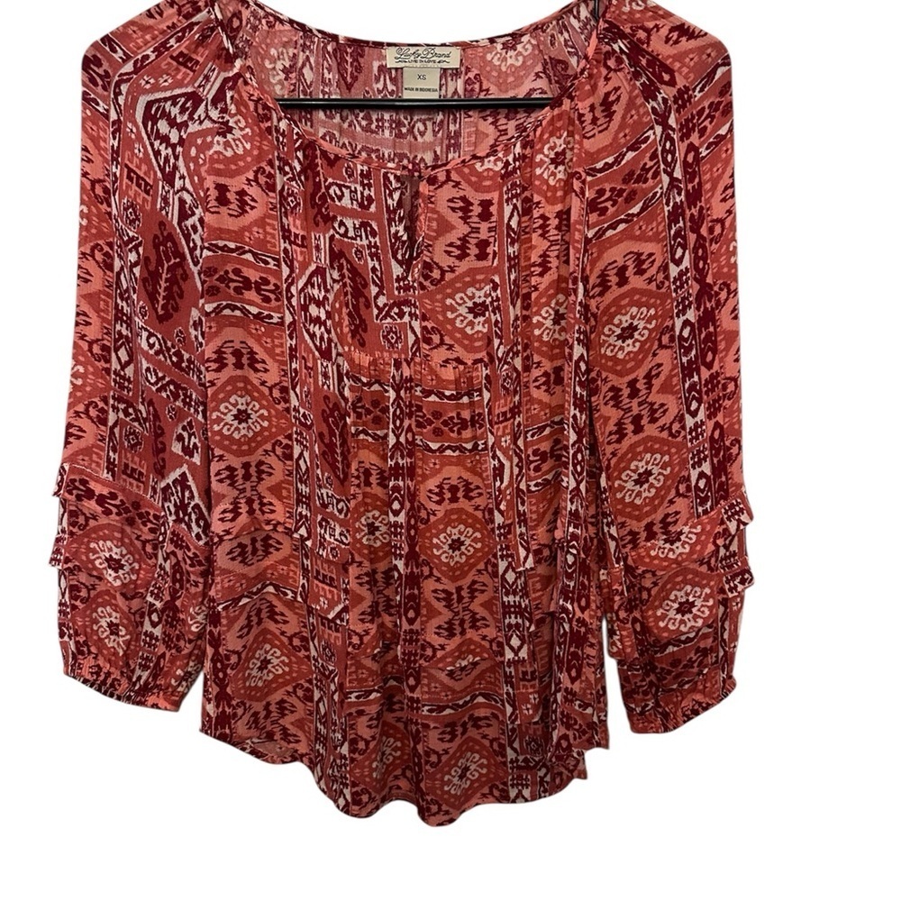 EUC Lucky Brand Red Pleated 3/4 Sleeve Blouse